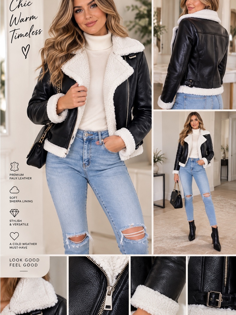 Faux Leather Sherpa Jacket - Black/White